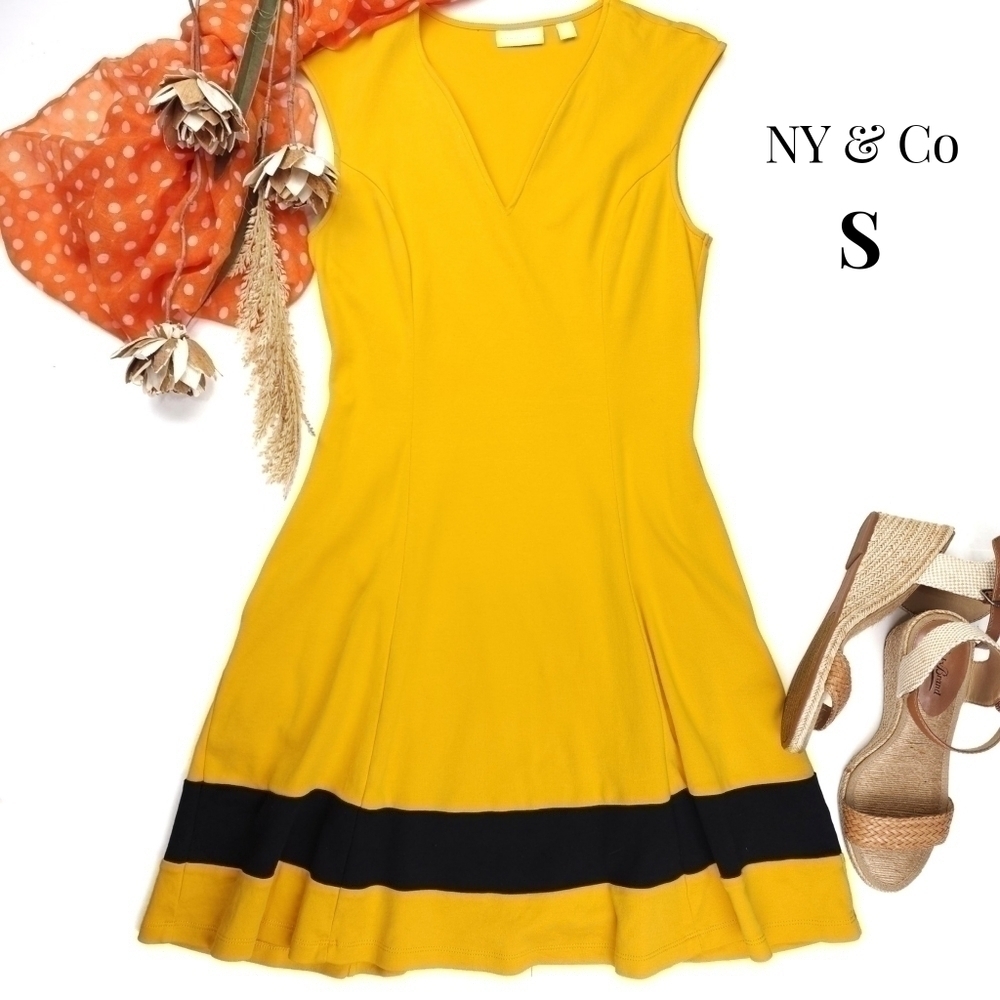 New York & Company Yellow Navy Stripe Dress Sz S